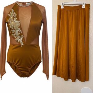 Kelle dance solo costume 2 piece Orange bronze leotard skirt LA-Large adult